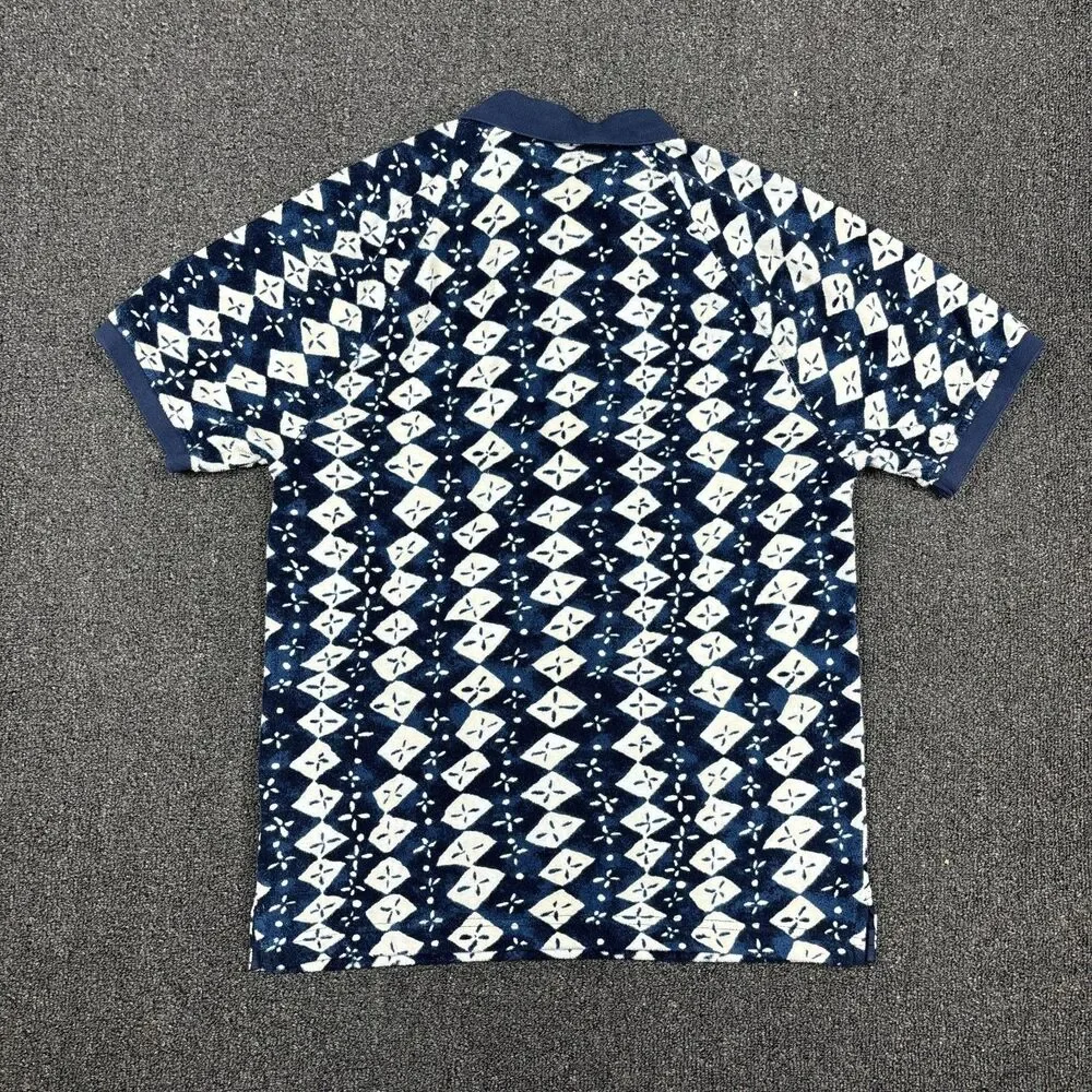 J. Crew Polo Shirt Navy Blue Terry Cloth Ikat Print Casual BZ389 Size Medium